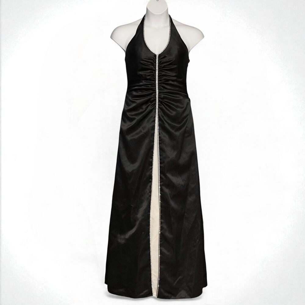 Vintage 80s Jump Apparel Black Halter Prom Gown 11/12 Rhinestone Trim Crinoline